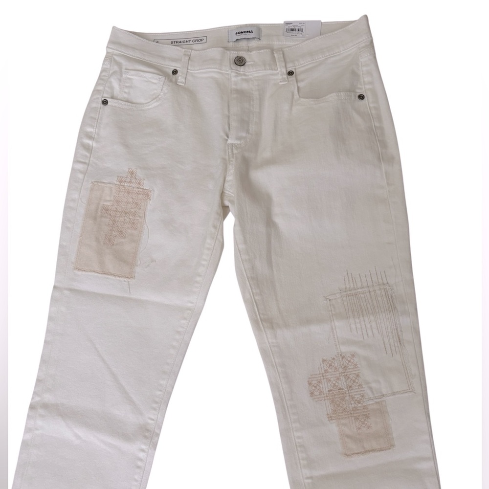 SONOMA White Straight Crop Jeans With Patches Size 6 ** NEW**